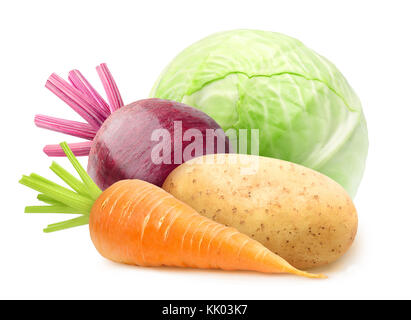 Isolated vegetables. Raw carrot, potato, beetroot and cabbage isolated on white background with clipping path Stock Photo