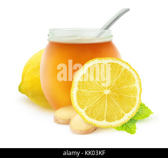 Isolated components for herbal tea. Honey, lemon and ginger (traditional cold remedy ingredients), isolated on white background with clipping path Stock Photo