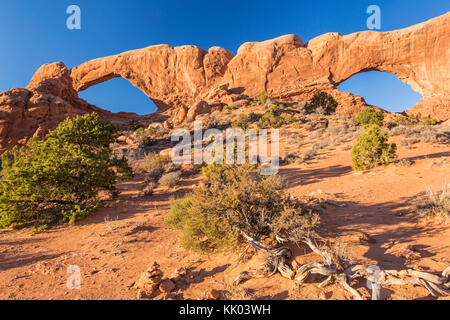 South and North WIndows natural arches in the Windows section of Arches national Park, near Moab, Utah Stock Photo