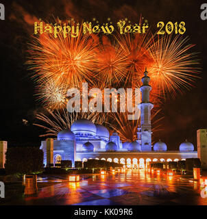 Happy new year 2018. Amazing mosque. Big Mosque Sheikh Zayed Celebrates New Year in Abu-Dhabi, United Arab Emirates. Sheik Zayed. Abu Dhabi Stock Photo