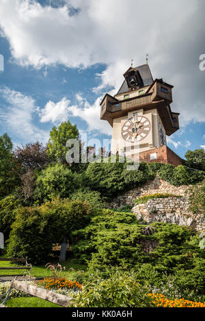 Low angle view of Uhrturm clock in Graz Stock Photo