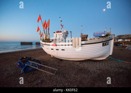 One of the very fine fishing boats of the Hastings Fishing Fleet at Rock-a-Nore beach. It is ready to launch at dawn. Stock Photo