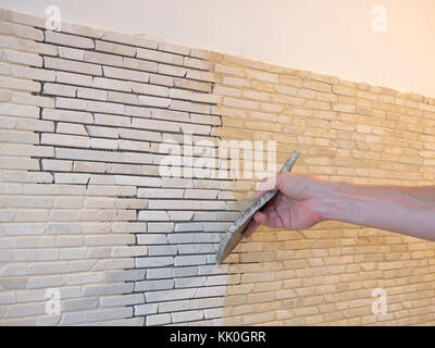 applying mosaic tiles on wall Stock Photo