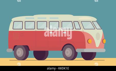 Red retro van car - 1950-1970, seventies, sixties. On the beach sand, summer, hippie lifestyle car. Vector illustration eps10. Flat retro style, isome Stock Vector