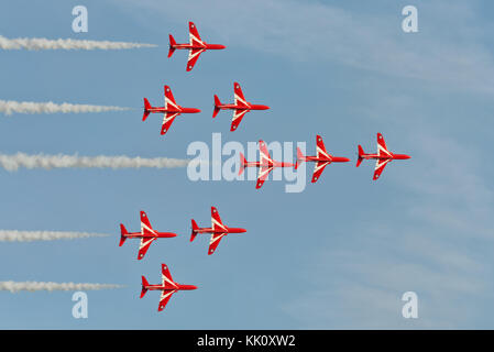 The RAFs Red Arrows performing the 'concord bend' manoeuvre as part of their full flying display at the start of the Sidmouth Regatta weekend in 2017 Stock Photo