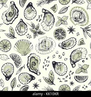 Vector hand drawn seamless pattern with oysters. Vintage illustration. Can be use for restaurant, menu, packaging. Stock Vector