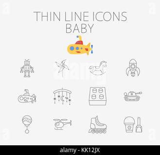 Baby thin line vector icon set for web and mobile applications. Set includes - block, whirligig, robot, horse, rocket, submarine, tank, rattle, crib t Stock Vector