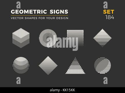 Set of eight minimalistic trendy shapes. Stylish vector logo emblems for Your design. Simple universal geometric signs collection. Stock Vector
