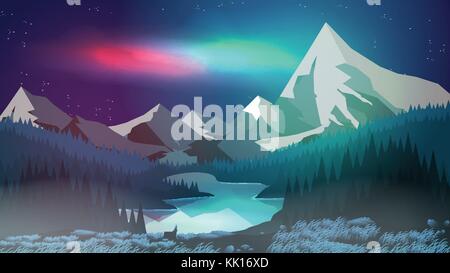 Pine Forest with Mountain Lake at Night,Aurora  - Vector Illustration Stock Vector