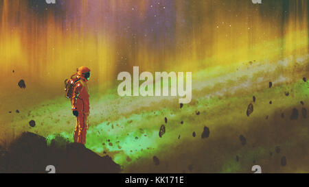 the astronaut standing on a rock in starry outer space with colorful light, digital art style, illustration painting Stock Photo