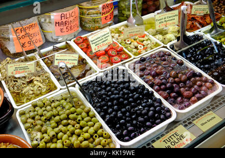 olives on market food stall, florence, italy Stock Photo