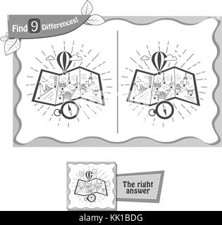 visual game for children and adults. Task to find 9 differences in the illustration travel map. black and white vector illustration Stock Vector
