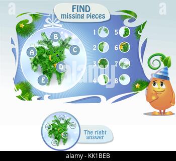 Visual Game for children. Task:  find missing pieces . Cartoon Illustration of Education Puzzle Game for Preschool Children Stock Vector