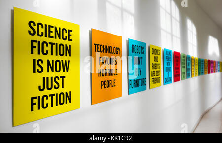 Colourful placards / posters / showcards with slogans about future development, science, robots and technology Stock Photo