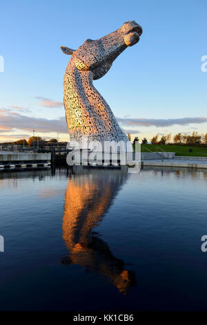 The Kelpies sculptures by Andy Scott at sunset - Helix Park, Falkirk, Scotland Stock Photo