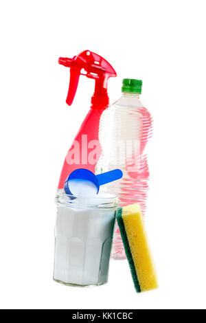 Eco-friendly natural cleaners baking soda, lemon and cloth on white background, Stock Photo