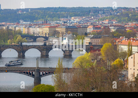 Remarkable view of Prague bridges over Vltava river. Daytime, spring season. Stock Photo