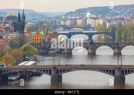 Remarkable view of Prague bridges over Vltava river. Daytime, spring season. Stock Photo