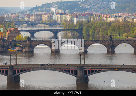 Remarkable view of Prague bridges over Vltava river. Daytime, spring season. Stock Photo