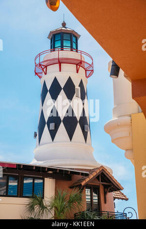 Harry T's restaurant at the Harbor Walk Marina in Destin Florida, USA, features a lighthouse and is a popular water side tourist attraction. Stock Photo