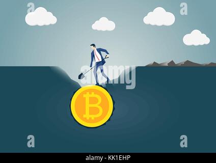 Vector illustration of business man digging and discovering Bitcoin gold coin. Concept for bitcoin mining and generation Stock Vector