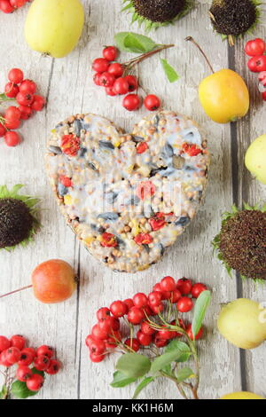 Heart shaped bird feeder made with wild berries, seed and melted fat, shaped in a cookie cutter, decorated with berries, crab apples and sunflowers Stock Photo