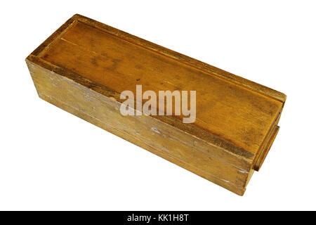 vintage weathered rummy wooden box isolated over white background Stock Photo