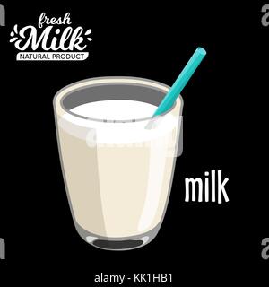 glass of milk icon flat style. Isolated on black background. Vector illustration Stock Vector