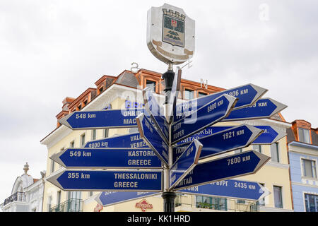 Sign showing distance and direction to the sister cities of Plovdiv, Bulgaria Stock Photo