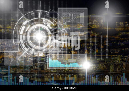 Virtual screen and digital cyber over the city at night background, Elements of this image furnished by NASA, Business and technology concept Stock Photo