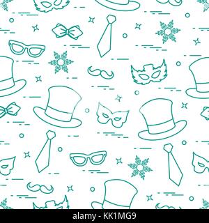 Seamless pattern of different carnival decorations: masks, hats, mustache  and other. Carnival festive concept. Costume for a party. Stock Vector