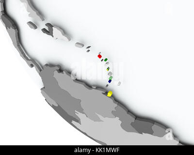 Caribbean on political globe with embedded flags. 3D illustration. Stock Photo