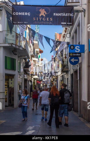 Busy street in Sitges, Spain during the international film festival Stock Photo