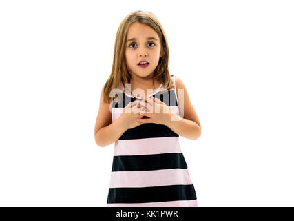 Portrait of happy young little girl with emotions on white. Portrait of a scared little child girl being afraid or shocked, isolated on white backgrou Stock Photo