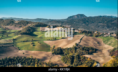 Cultivated land in northern Apennines. Bologna province, Emilia Romagna, Italy. Stock Photo