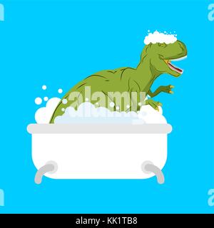Dinosaur in bath. Tyrannosaurus is washed in bathroom. Prehistoric monster. Vector illustration Stock Vector
