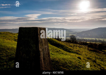 Trig point on Little Solsbury Hill, Batheaston, Bath, Somerset, England, UK in the landscape Stock Photo