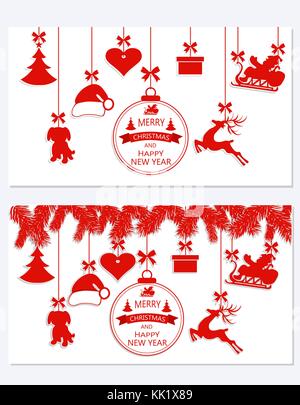 New Year Christmas. Set different hanging ornaments Santa hat, deer, heart, gift, dog and Christmas tree isolated on white. Congratulatory inscription. illustration Stock Vector