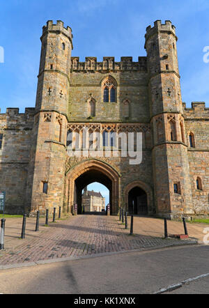 The Great Gatehouse Battle Abbey re-built around 1338 on the site of the Battle of Hastings, with Battle Abbey School framed in the archway, Sussex UK Stock Photo