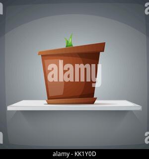 pot on the shelf with grass - cartoon illustration. Stock Vector