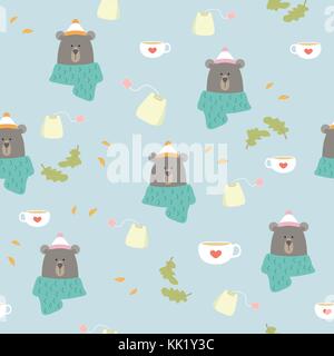 Seamless Pattern Bear Winter Tea Coffee Scarf Forest Vector Illustration Stock Vector