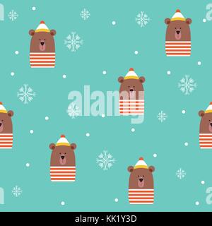 Cute Bear with Hat Scarf Winter Snowflakes Blue Seamless Pattern Vector Illustration Stock Vector