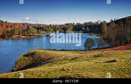 The vista of Tarn Hows pictured from the shore in autumn Stock Photo
