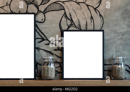 Mockup of photo frame and coffee in glass jar over the wooden shelves on Vintage wall background. Product presentation with interior concept Stock Photo