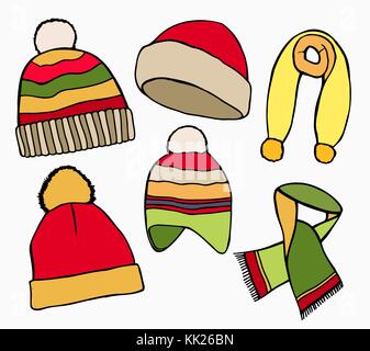 Hand drawn Set Vector collection of knitted woolen Hat and scarves. Winter hat, scarves and vector illustration set winter icons. Isolated on white ba Stock Vector