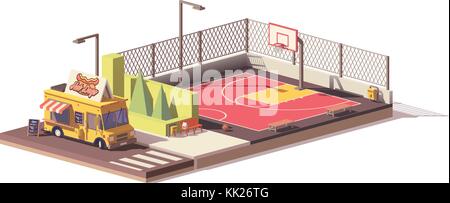 Vector low poly food truck and basketball court Stock Vector