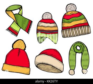 Vector set of hand drawn winter clothing icons. Knitted scarf and Hat. Engraved colored illustration. Use for winter sport design promotion, store, sk Stock Vector