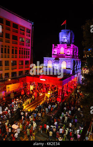 Aerial night shot of decorated pandal based on theme of Angkor temples, Cambodia, Pune Stock Photo