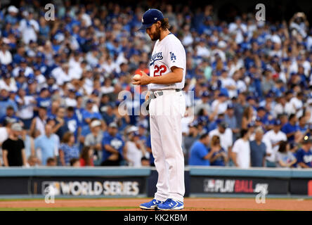 Los Angeles, California, USA. 24th Oct, 2017. Los Angeles Dodgers starting pitcher Clayton Kershaw in the first inning of game one of a World Series baseball game against the Houston Astros at Dodger Stadium on Tuesday, Oct. 24, 2017 in Los Angeles. Credit: Keith Birmingham/SCNG/ZUMA Wire/Alamy Live News Stock Photo