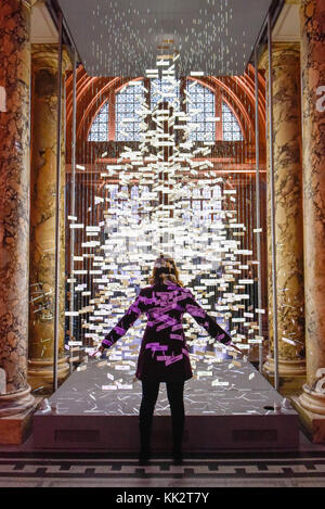 London, UK. 28th November, 2017. Es Devlin with her work - The Christmas  Tree (The Singing Tree) in the grand entrance of the V&A kicks off its  Sounds Like Christmas season. The